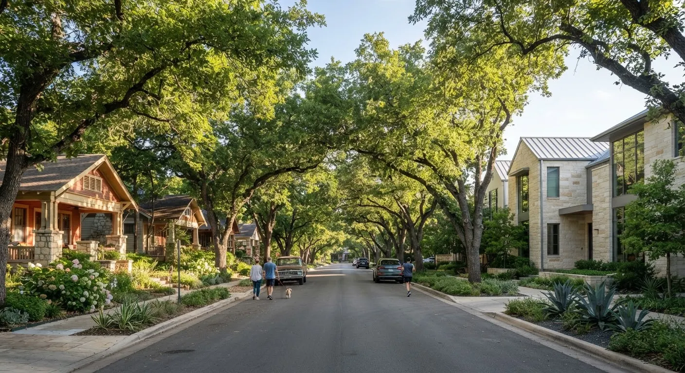 Refined tree-lined street in historic Clarksville Austin, featuring preserved craftsman bungalows alongside modern limestone architecture…