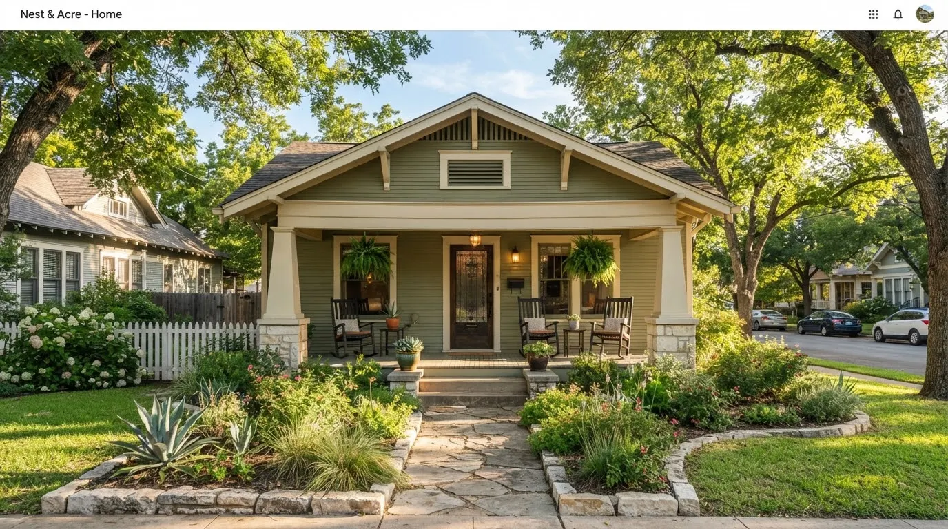 Restored historic 1920s craftsman bungalow exterior in Clarksville Austin.