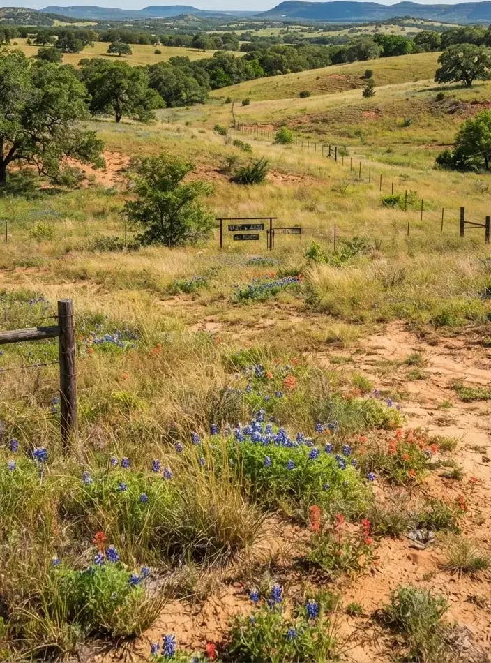 Rolling 42-acre open pasture with native post oaks and sandy loam soil in Gillespie County, Texas, under a vast bright blue sky.