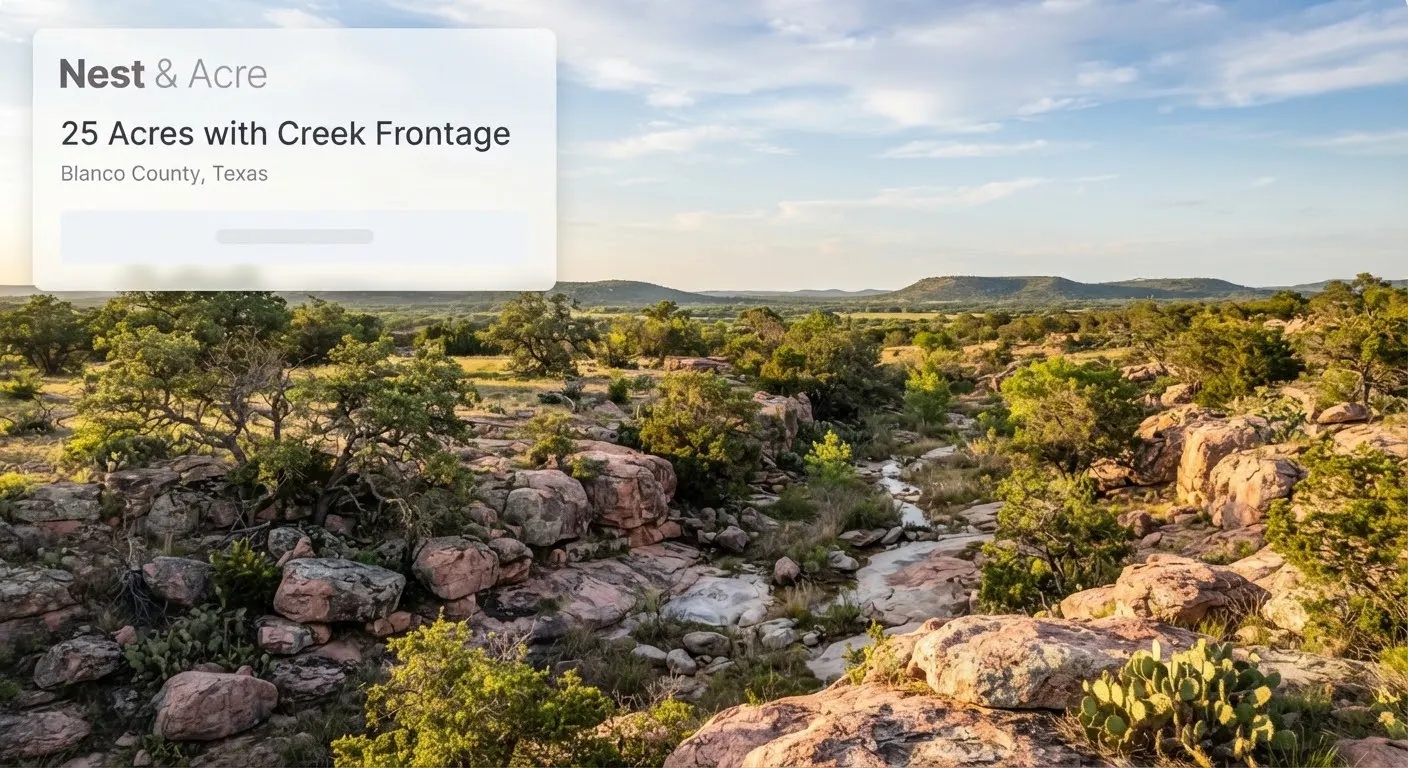 Rugged Hill Country ranch land in Llano County with weathered pink granite boulders, native mesquite, live oaks, and wide open sky.