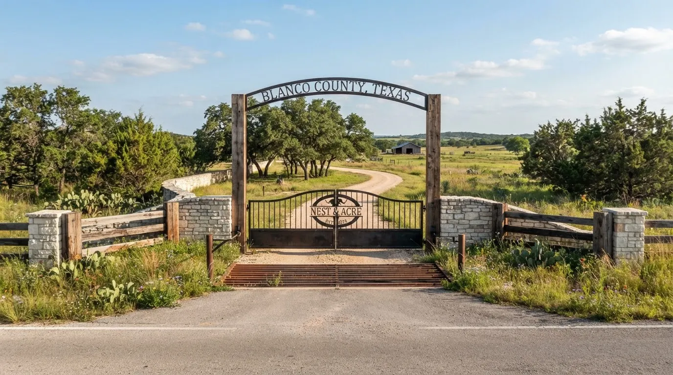 Rustic modern cedar-post and dark metal ranch entrance gate off a quiet paved Texas county road, surrounded by native limestone stone walls, wild…