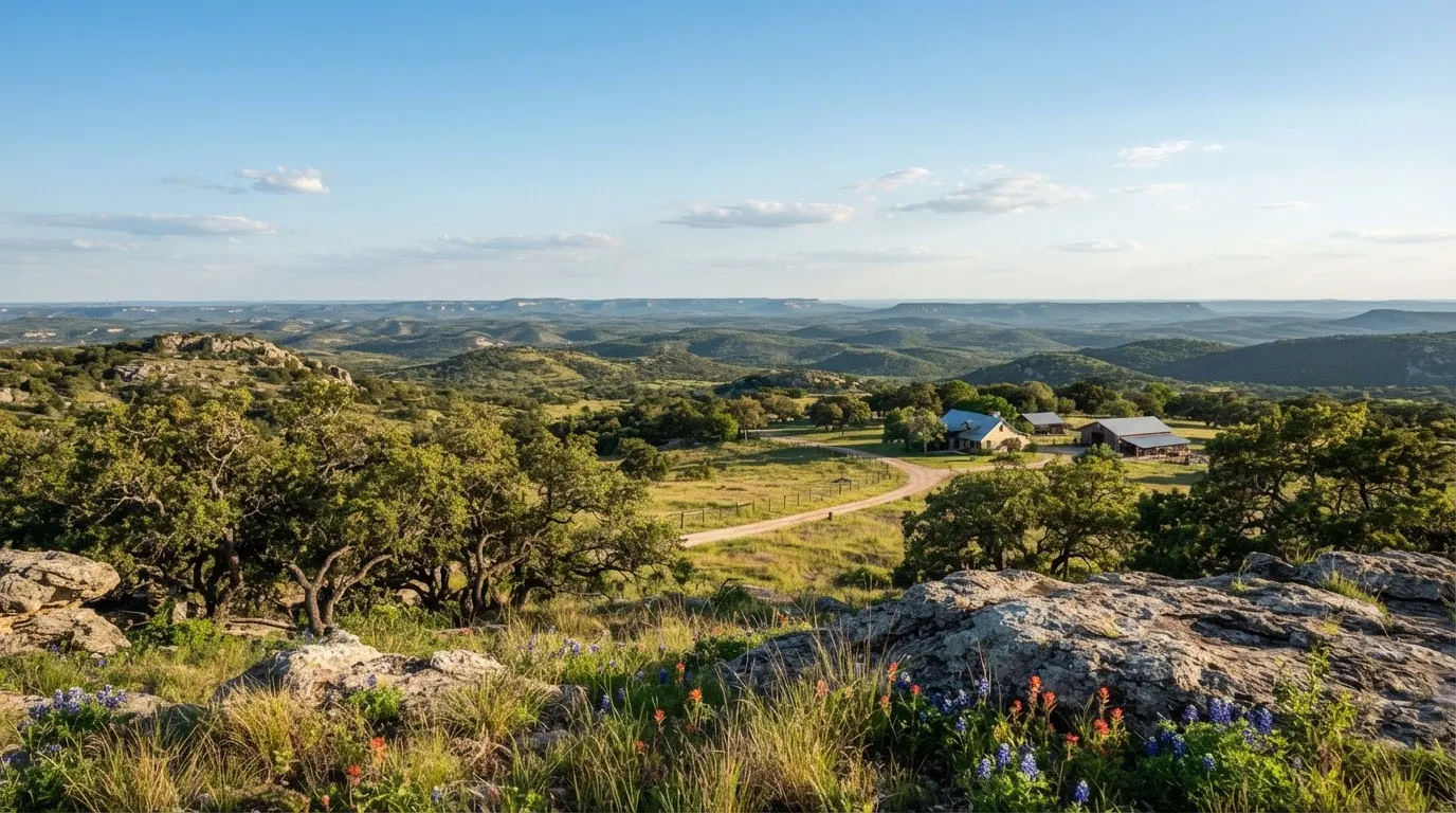 Scenic expansive ranch acreage with granite rock knolls, post oaks, and long-range panoramic views of the Gillespie County hill horizon under a…