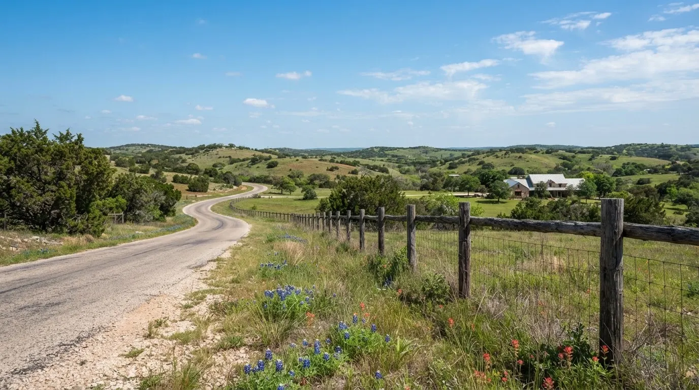 Scenic landscape of Dripping Springs Texas showing peaceful rolling hills, native cedar trees, and a pastoral ranch fence along a quiet rural road…