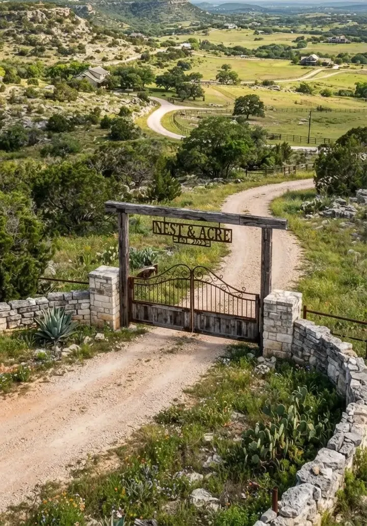 Scenic landscape of Dripping Springs Texas with native limestone hills, sprawling ranches, and vintage rustic ranch gate entrance.