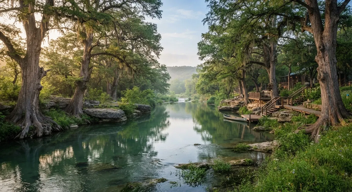 Serene photographic perspective of Wimberley Texas with the emerald Blanco River flowing gently past monumental cypress trees and cool shaded…