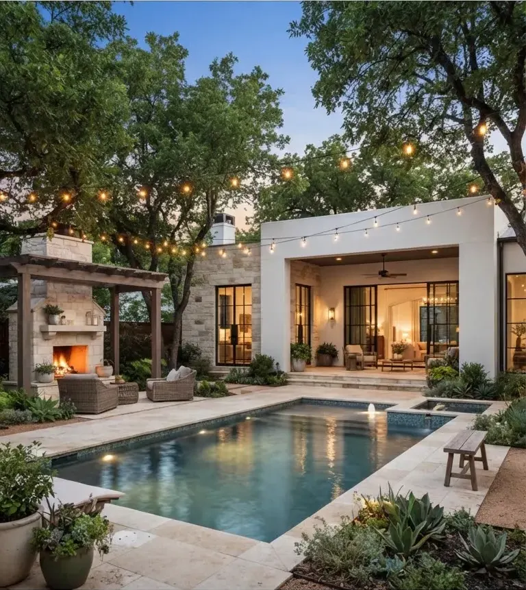 Serene Zilker courtyard home featuring a secluded private limestone swimming pool, outdoor fireplace, mature pecan trees, and minimalist…