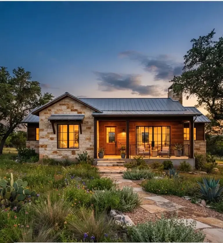 Single-story architectural ranch home in Dripping Springs, Texas, featuring cedar siding, warm limestone masonry, and native prairie landscaping…