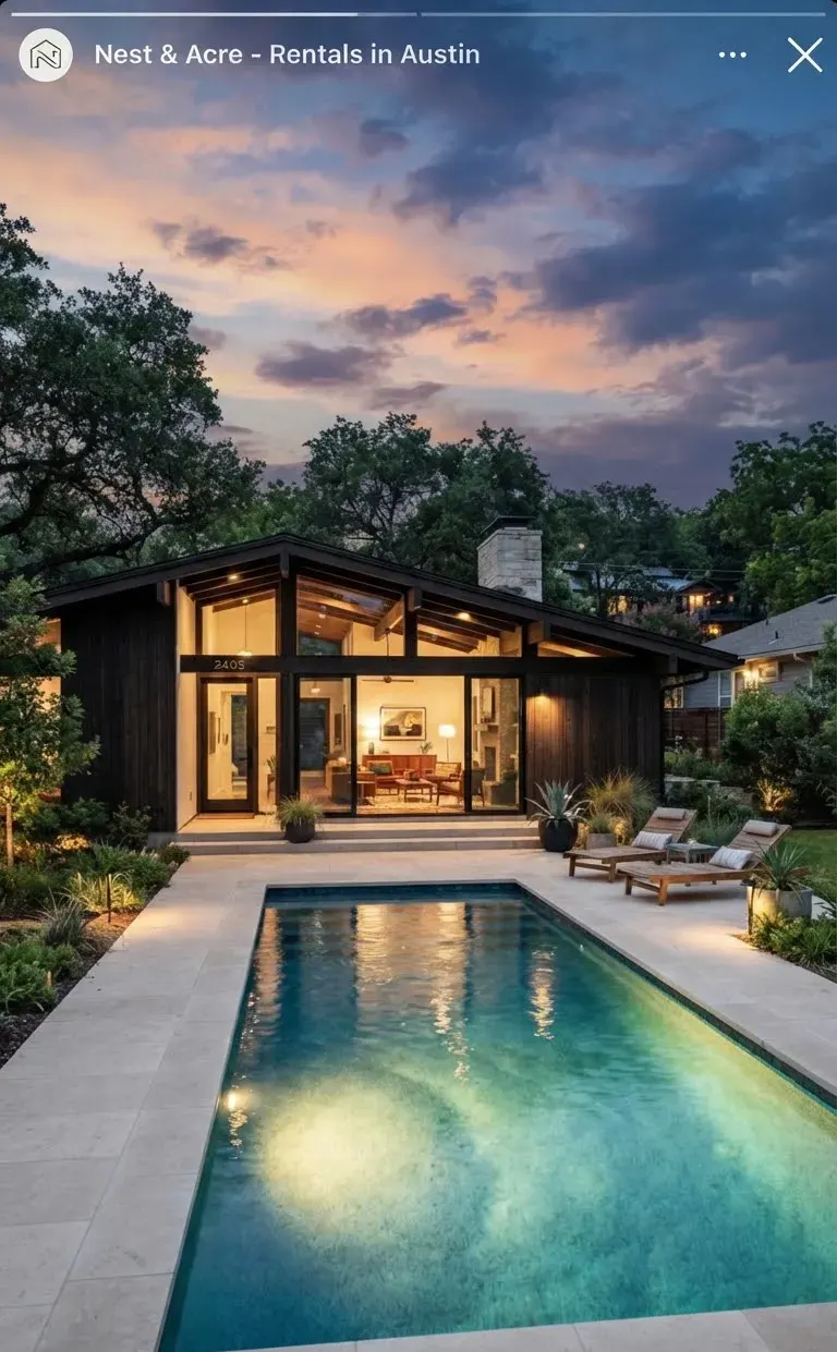 Sophisticated mid-century modern single-story residence in Tarrytown Austin, broad low-pitched gables, custom dark timber cladding, shimmering…