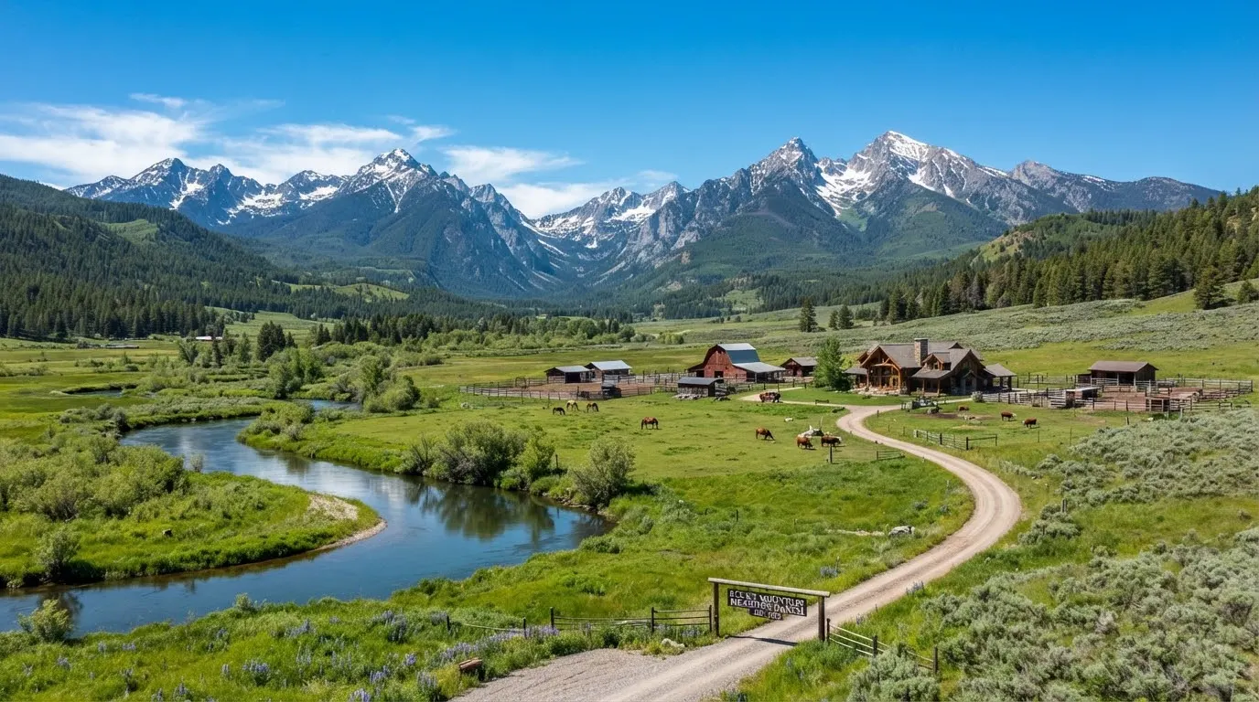 Montana ranch pasture in Gallatin County with a meandering trout stream, wooden fencing, and snow-capped mountains under a wide blue sky