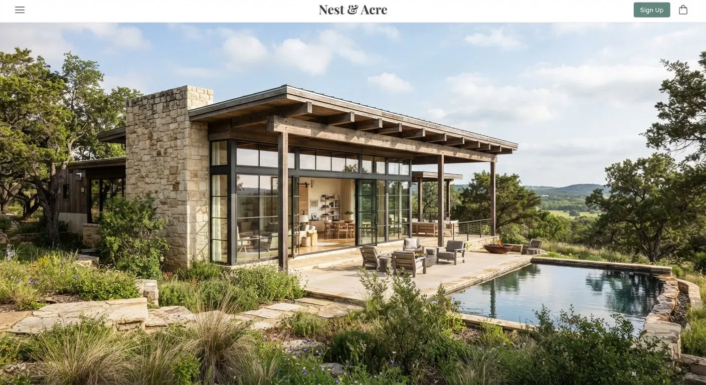 Striking modern organic architectural retreat in Wimberley Texas constructed from thick rough-hewn Texas limestone, floor to ceiling minimal steel…