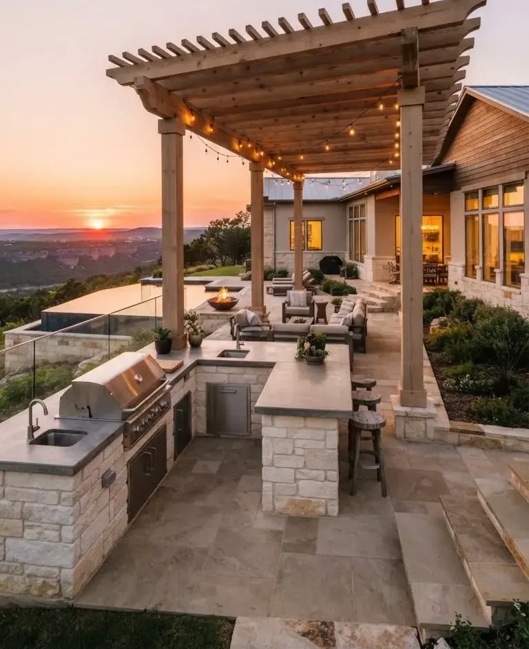 Stunning custom single-story estate in Heritage Ridge with natural cedar wood pergola, dry-stacked limestone outdoor kitchen, and sunset views…