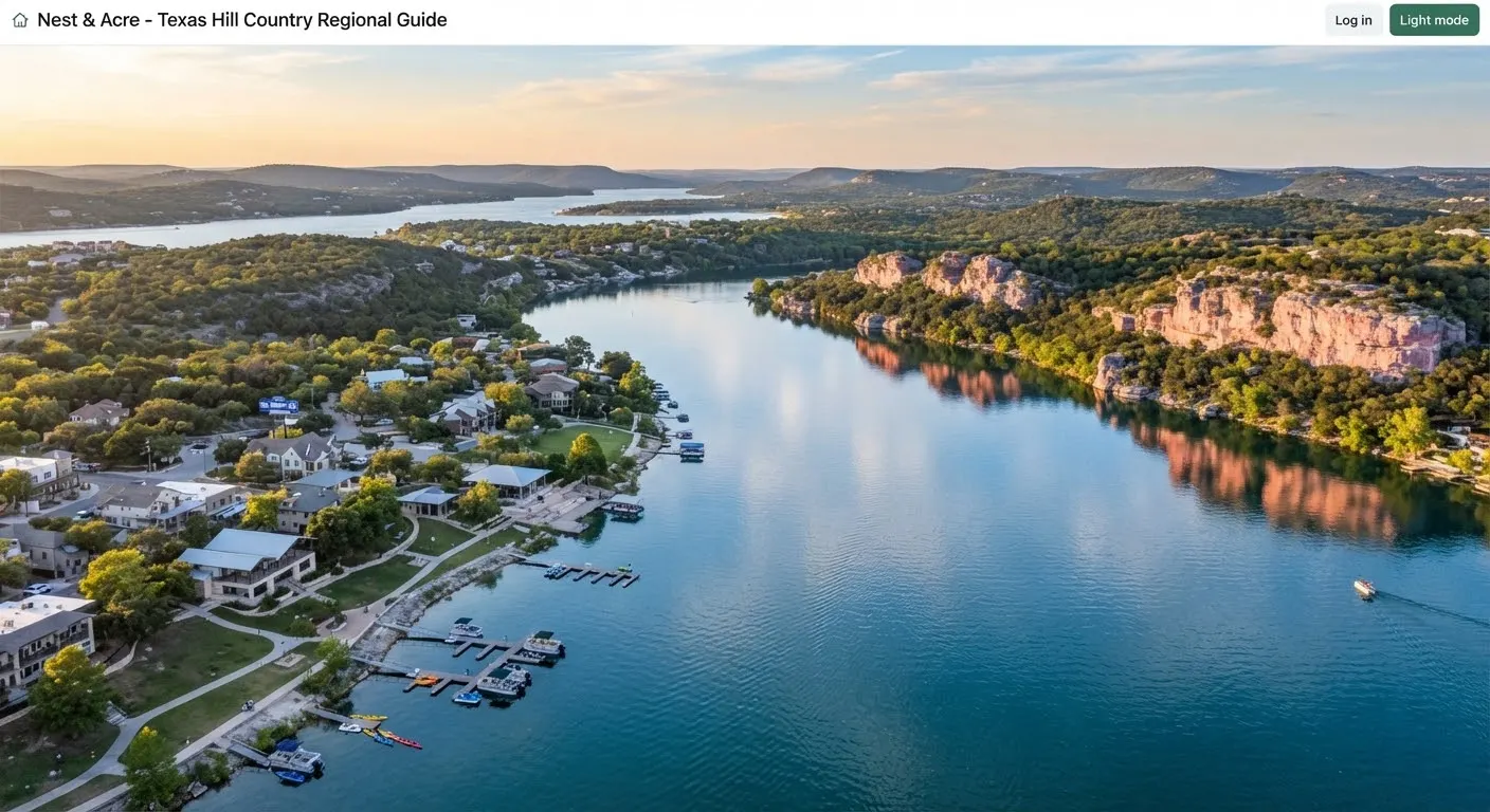 Stunning elevated view of Lake Marble Falls and the Highland Lakes chain, featuring clear blue water reflecting pink granite outcroppings and…