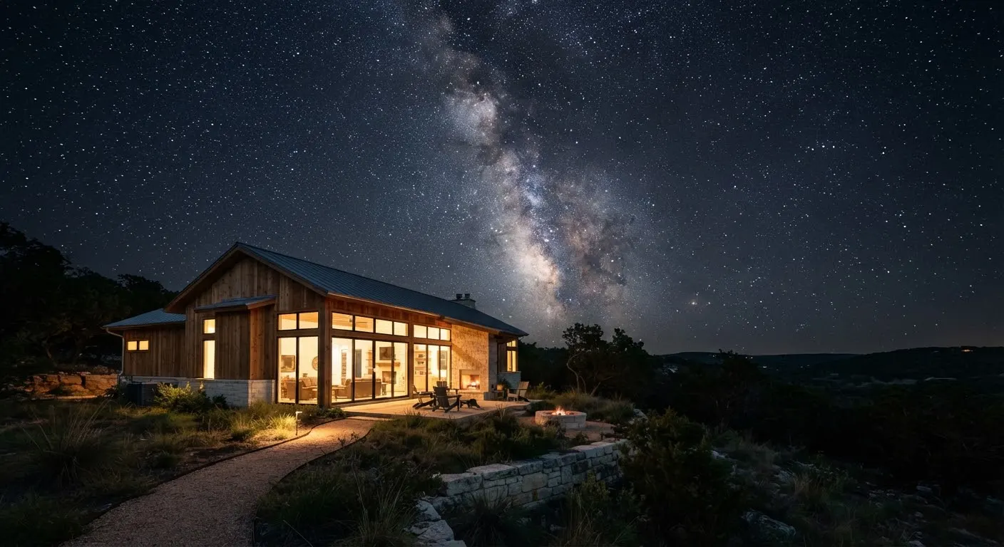 Stunning nocturnal landscape in Dripping Springs Texas, showing an unpolluted clear night sky with the Milky Way visible above a minimalist cedar…
