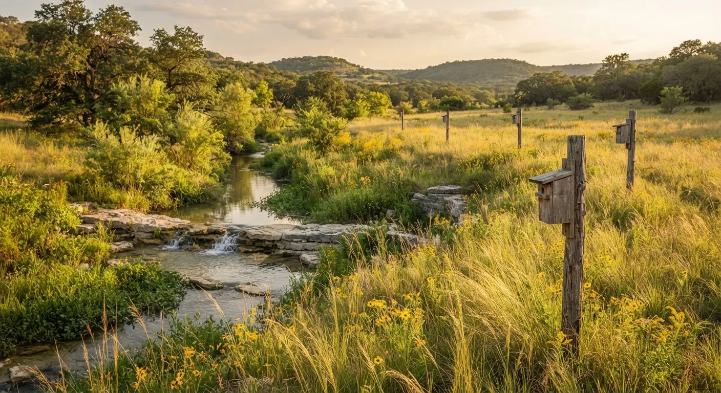 Gillespie County meadow with native grasses, wildflowers and bird nesting boxes on cedar posts