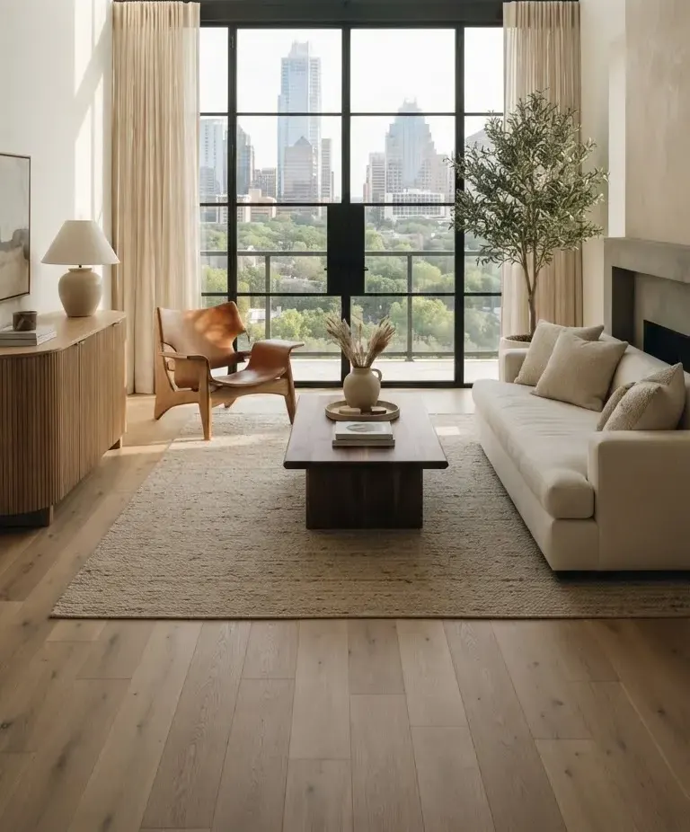 Sunlit minimalist Austin penthouse interior with white oak floors, large steel-framed floor-to-ceiling windows overlooking downtown tree canopies,…