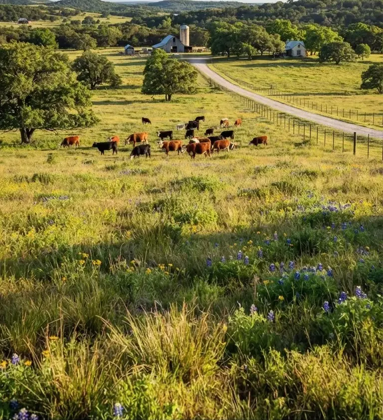 Sunlit open grazing pastures with native grasses and cedar elm trees representing Texas agricultural valuation landscapes.