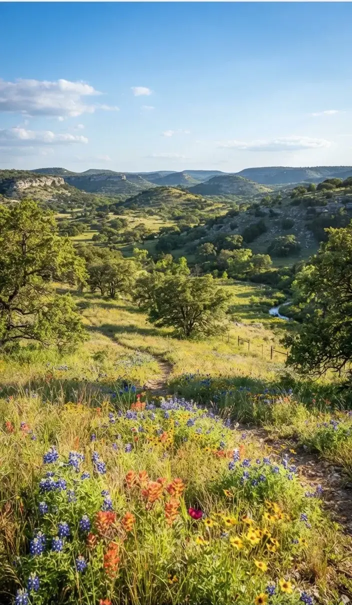 Sunlit rolling limestone hills in Dripping Springs Texas, showing native wildflowers, scattered live oak trees, and distant ridgeline vistas…