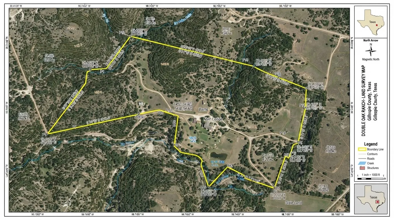 Survey map of the 25.4-acre Miller Creek parcel in Blanco County, Texas, showing boundary lines and creek contours
