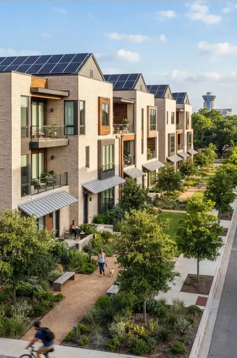 Sustainable contemporary townhome row in the Mueller district of Austin, featuring clean architectural lines, solar installations, and green…