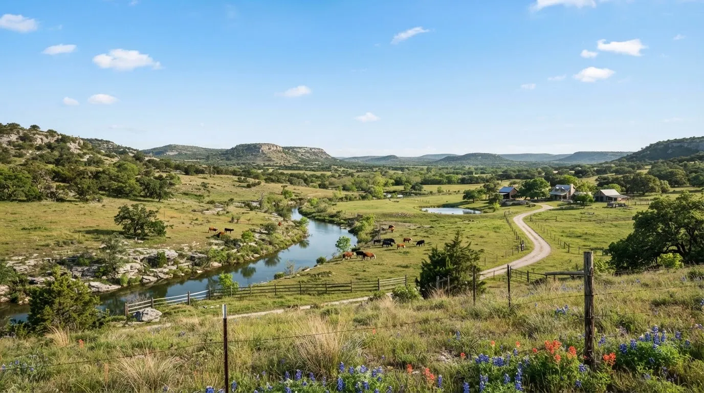 Sweeping expansive Texas ranch land with gently rolling hills, ancient cedar elms, limestone outcroppings, pristine spring water creek, and open…