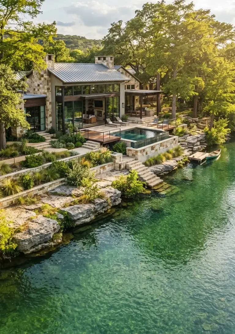 The Blanco River Residence, a stone home beside the Blanco River in Wimberley