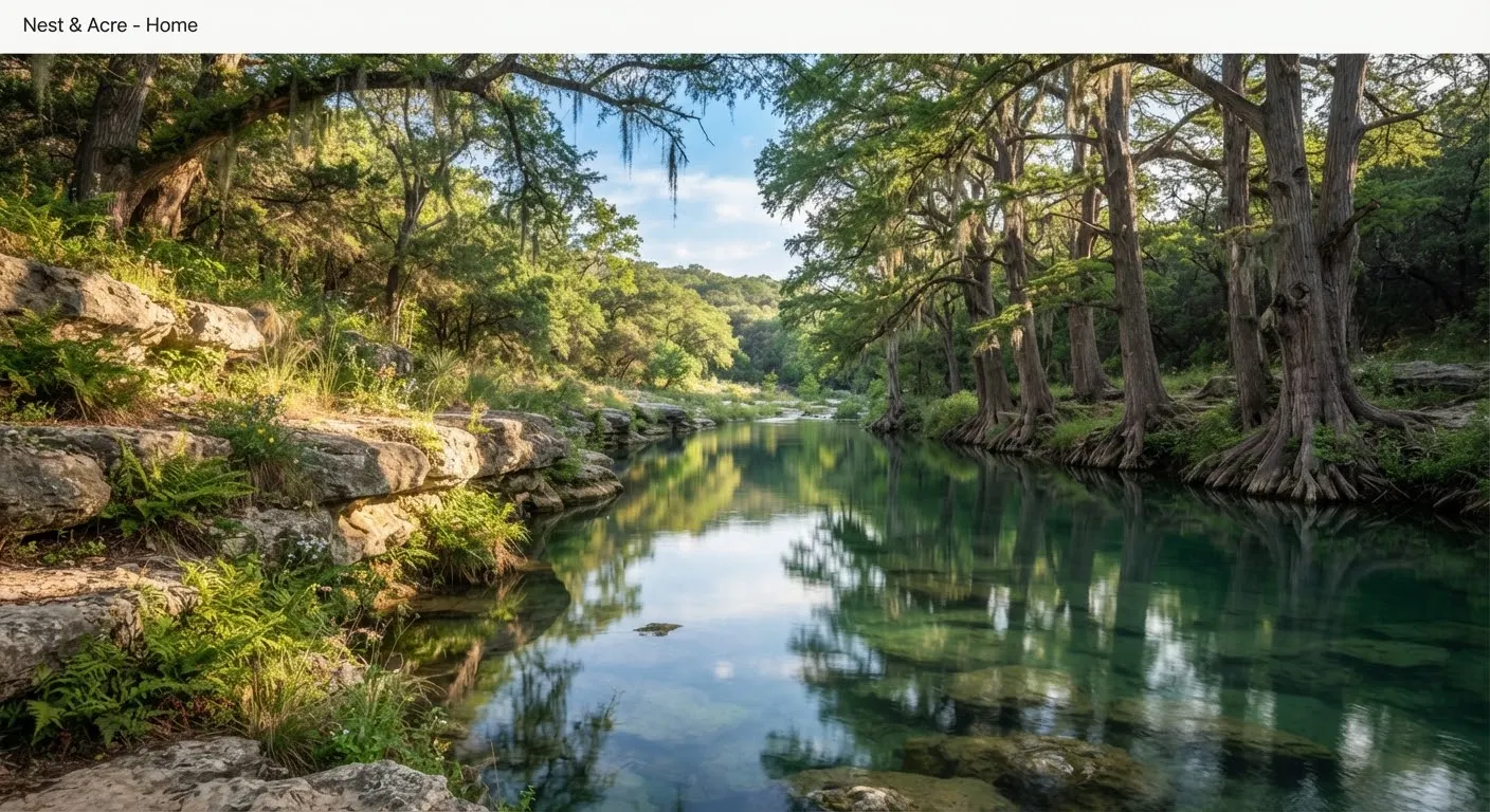 The tranquil waters of Cypress Creek in Wimberley Texas with majestic bald cypress trees reflecting in the emerald water.