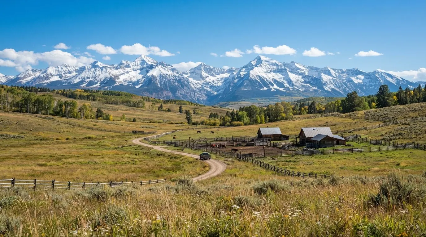 Open alpine meadow in Park County, Colorado, bordered by ponderosa pines with snow-capped peaks behind on a clear day