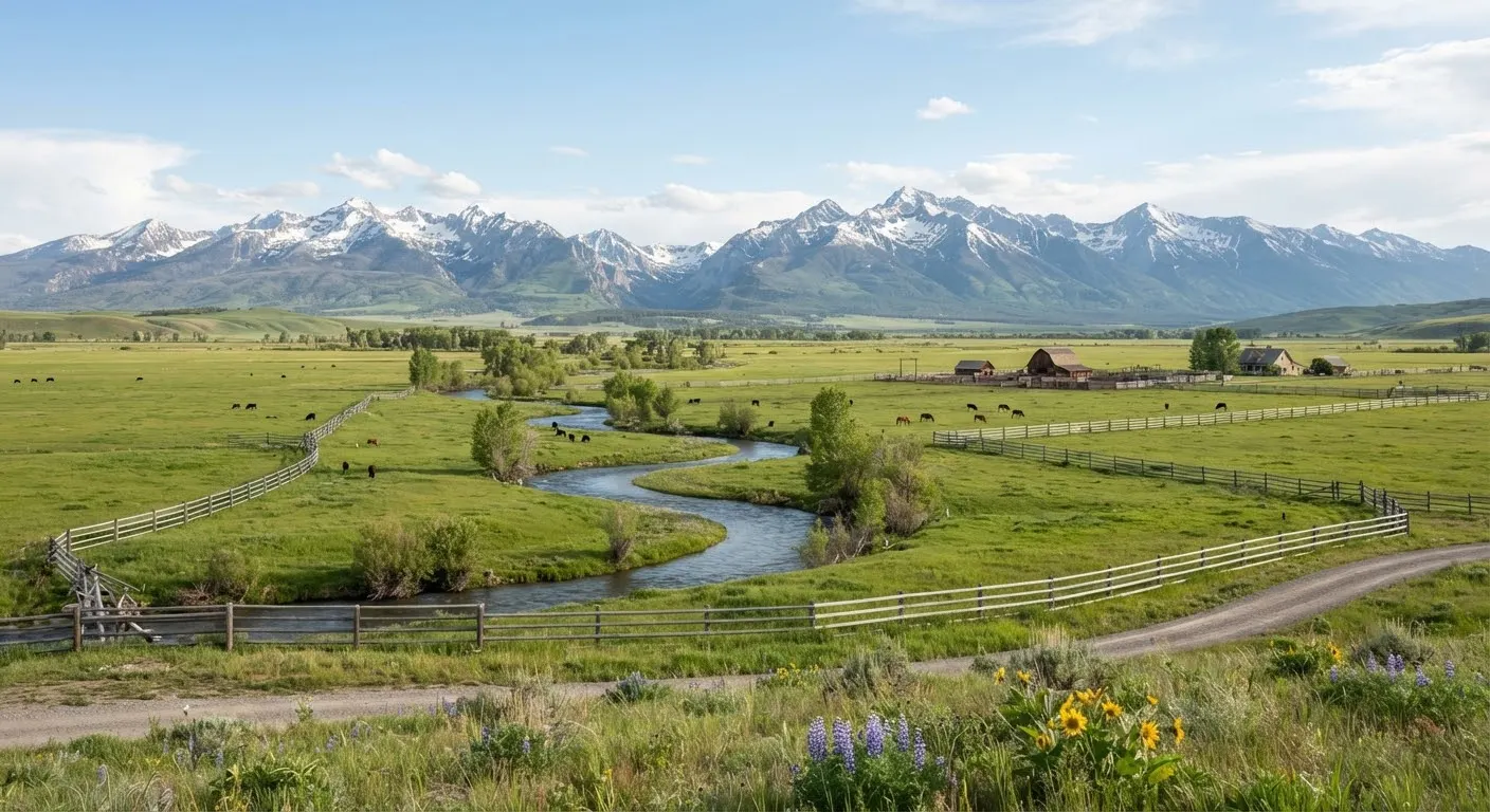 Vast open ranch pasture in Gallatin County Montana surrounded by rugged snowcapped mountain peaks under an endless Big Sky.