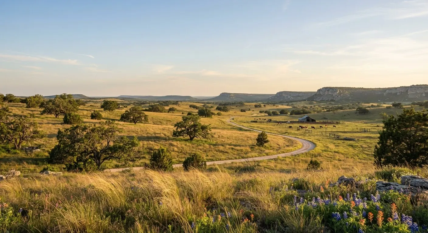 Vast rolling acreage parcel in Blanco County Texas with native prairie grasses, scattered heritage live oaks, distant limestone bluffs, and an…