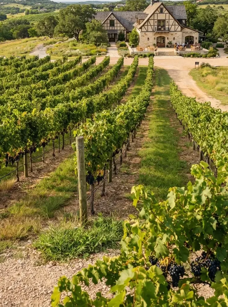 Vineyard estate in Fredericksburg Texas with parallel grape vine trellises stretching towards historic German limestone fachwerk architecture.