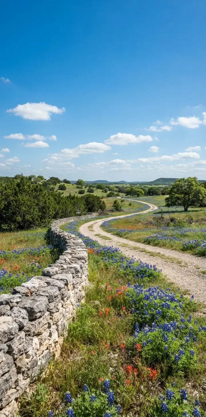 A Texas Hill Country property restored with native grasses, bluebonnets, and cedar clearing under an expansive sky with a hand-stacked limestone…
