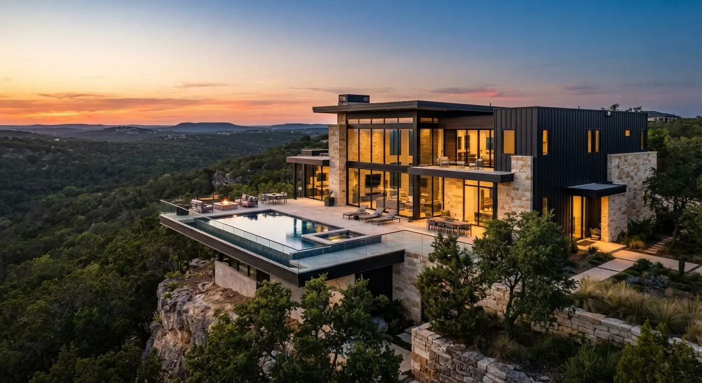 Wildcat Hollow Sanctuary, a contemporary stone and metal home above a wooded canyon in West Lake Hills