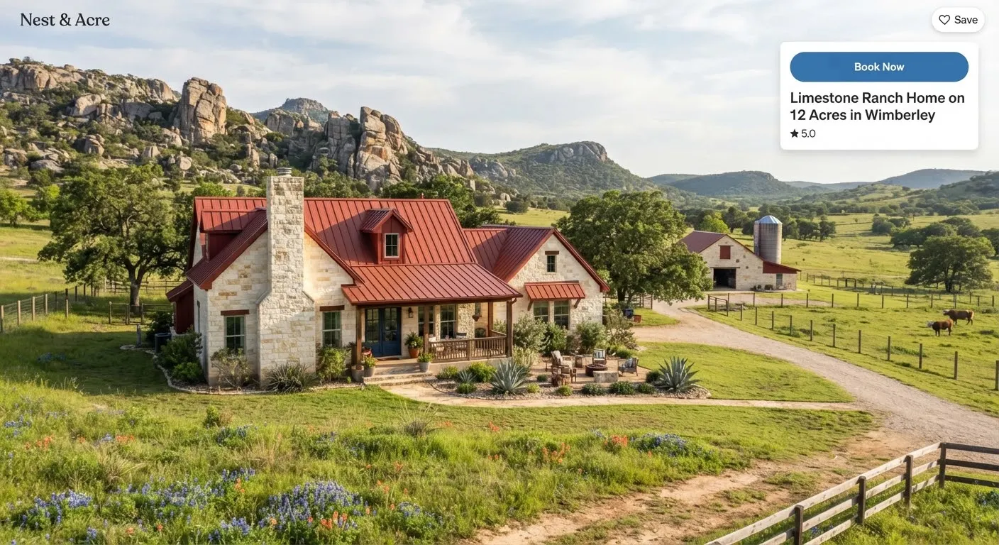 Bell Mountain Vista Ranch, a homestead with limestone chimney and granite outcrop views near Willow City