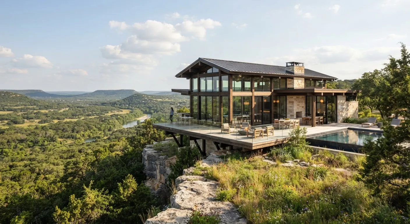 Cypress Creek Bluff Retreat, a timber and glass home on an escarpment above Wimberley